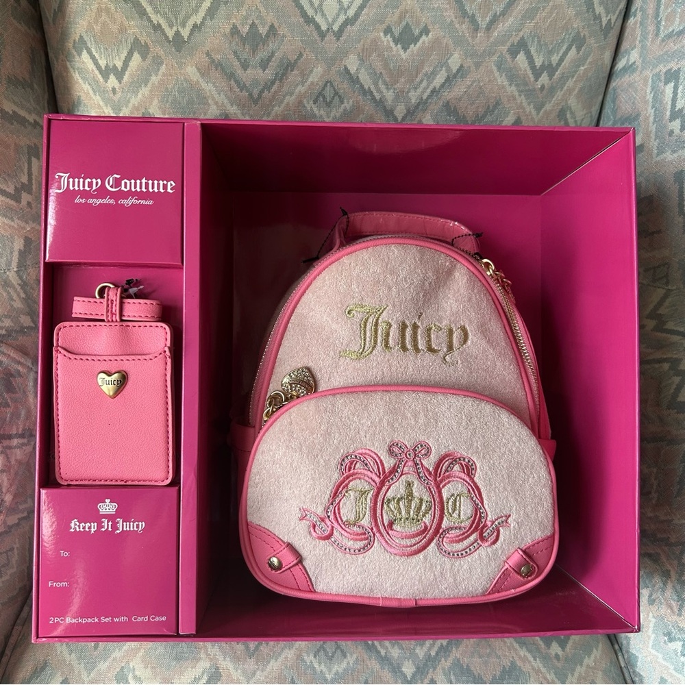 Juicy Couture Heritage mini Backpack and card case key chain I. Pink diamond NEW